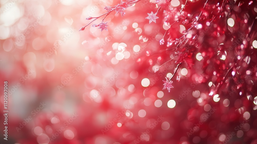 Poster a soft-focus red bokeh background adorned with white snowflakes, gently cascading down