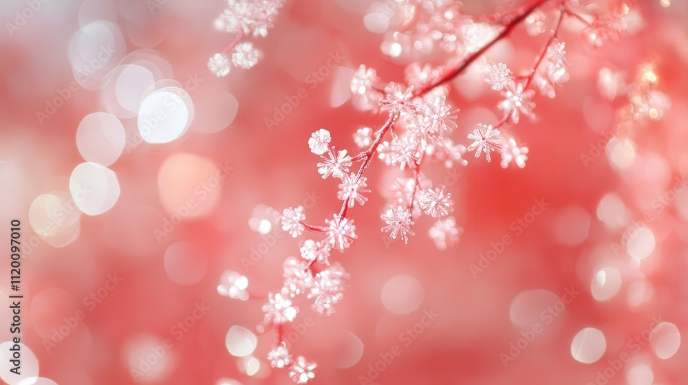 Poster a soft-focus red bokeh background adorned with white snowflakes, gently cascading down