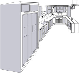 Vector sketch, illustration, silhouette, design, architectural engineering drawing, interior of a classic vintage kitchen set 