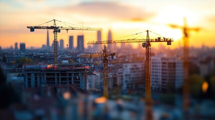 City skyline with construction cranes at sunset, highlighting urban development.