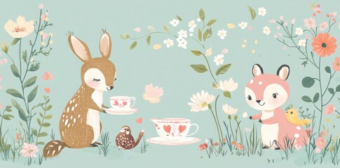 Two Deer Enjoying Tea Party Amidst Blossoming Flowers