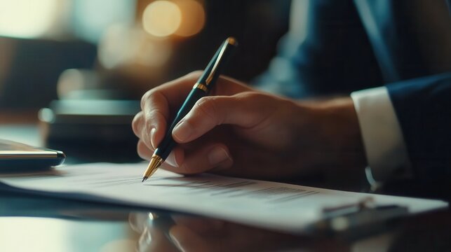 Male hand signing document with pen in professional setting.