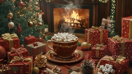 A steaming cup of cocoa with marshmallows takes center stage on a Christmas table, surrounded by wrapped presents and festive cheer