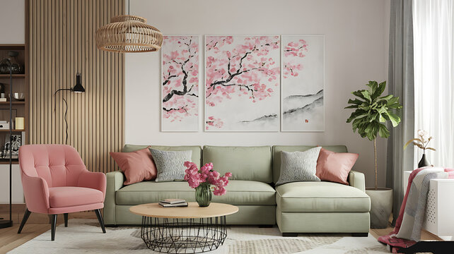 Fototapeta interior design mockup Scandinavian style interior design of modern living room Japanese Spring Cherry blossom pink soft green pale beige white Charcoal Drawing