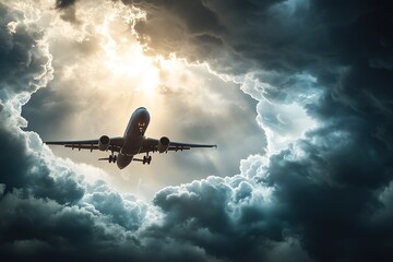 Airplane soaring through dramatic cloudy sky