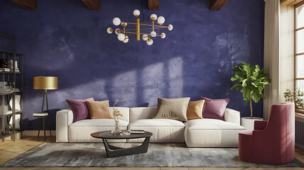interior design mockup Modern interior design of living room with white sofa coffee table stucco wall 3d animation rendering Royal Gold Deep purple royal blue gold white Industrial Design Style