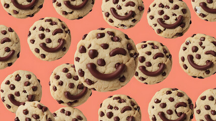 Winking Chocolate Chip A tiny chocolate chip cookie with a wink and a smile set on a solid background Photography copyspace glossy effect