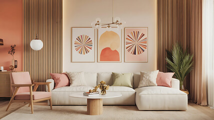 interior design mockup Interior with white sofa and ladder shelf in modern living room with wooden panelling and mockup wall home design 3d rendering Golden Hour Peach soft orange champagne pastel pi