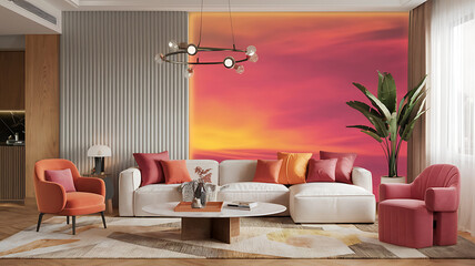 interior design mockup Modern living room 3d rendering Sunset Glow Orange coral magenta golden yellow Abstract