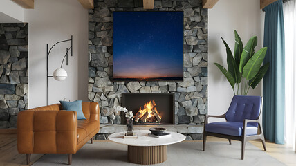 interior design mockup Sofa and chair by fireplace in wild stone cladding wall Midcentury home interior design of modern living room Starry Sky Midnight blue silver lavender soft white Industrial Des