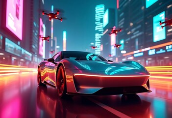 Fototapeta premium Futuristic Sports Car Driving Through Cyberpunk City at Night