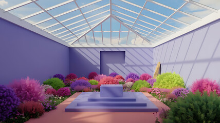 interior design mockup 3D rendering of an empty room with a large skylight in the ceiling and a simple podium in the foreground Impressionist Garden Soft purple pink pale green sunny yellow Op Art Op
