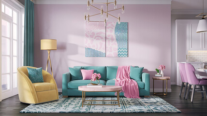 interior design mockup Interior design of modern apartment living room with sofa and armchair 3d rendering Candyland Bubblegum pink pale yellow aqua soft purple Tribal Patterns