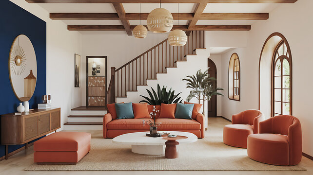 interior design mockup Interior of modern hall with staircase 3d rendering Mediterranean Vibes Terracotta cobalt blue olive green white Low Poly