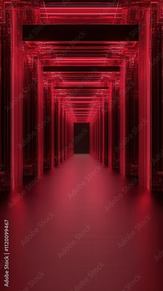 Poster a futuristic corridor illuminated by red lights, creating a vibrant and immersive atmosphere with a 