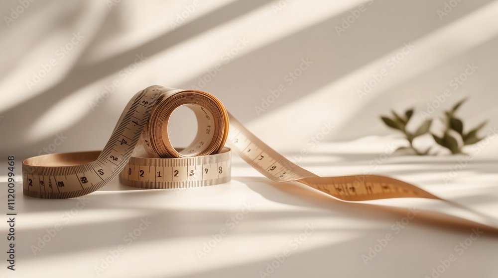 Poster measuring tape rolls on a table with soft shadows and leaves in the background during afternoon ligh