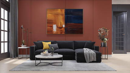 interior design mockup Modern interior of living room with black sofa 3d render Oil Painting Ochre deep red dark blue brown Pop Art