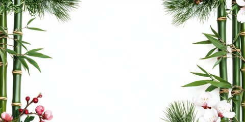 Fototapeta premium A decorative border featuring bamboo, pine, and floral elements on a white background.