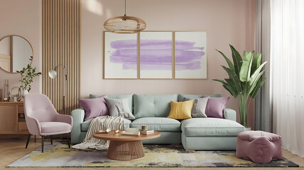 interior design mockup Apartment panorama 3d Watercolor Wash Lavender blush mint green pale yellow Vector Art
