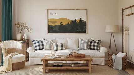 interior design mockup Rustic coffee table and wicker basket near white sofa against wall with art frame Boho country interior design of modern living room Midnight Gold Midnight blue gold charcoal w