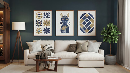 interior design mockup White sofa and posters frames on gray wall Interior design of modern living room Created with generative AI Sapphire Blue Deep blue gold white charcoal Historical Iconography