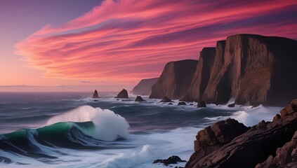 Dramatic Ocean Sunset Waves Crashing Against Rugged Cliffs
