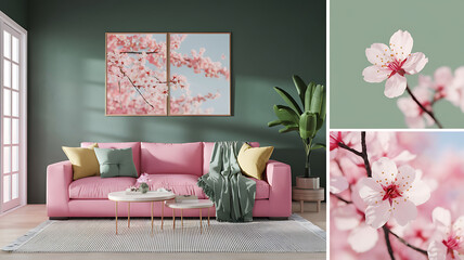 interior design mockup Interior of modern living room with pink sofa 3d rendering Japanese Spring Cherry blossom pink soft green pale beige white Collage