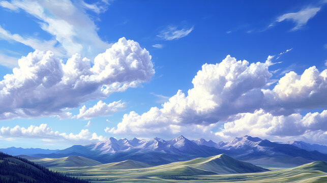 Rolling hills and sharp peaks veiled by wispy clouds under a cobalt blue sky 