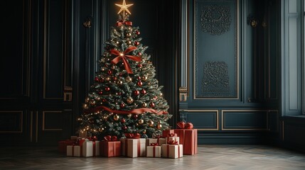 A tall Christmas tree decorated with red ribbons, golden ornaments, and a glowing star, with presents stacked neatly beneath it, creating a warm holiday scene