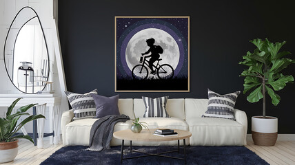 interior design mockup kind mit fahrrad silhouette Moonlit Night Dark purple charcoal silver navy blue Charcoal Drawing