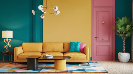 interior design mockup Modern interior with door Tech Brights Cyan magenta bright yellow jet black Renaissance Style