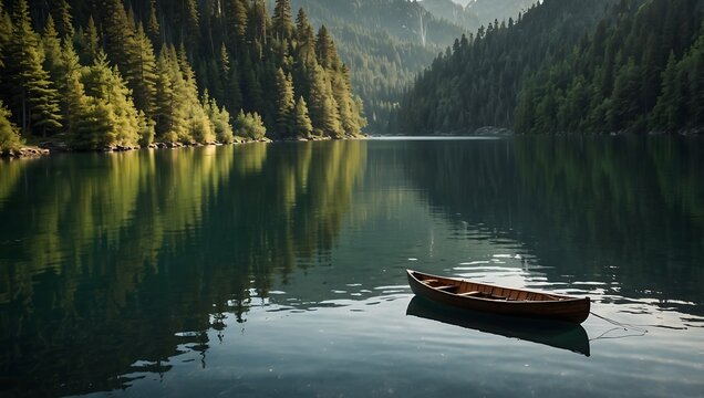 A serene lake surrounded by tall pine trees, with a lone wooden boat anchored peacefully in the calm, reflective water.