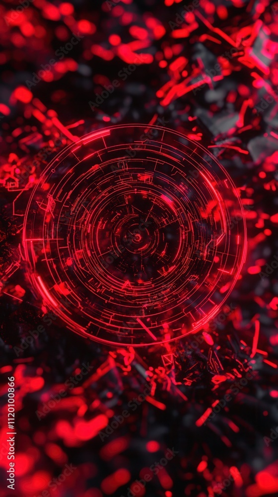 Poster a vibrant abstract design featuring swirling red hues and circular patterns against a dark backgroun