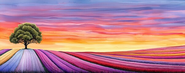 Farmland fields landscape sunset, Vibrant landscape featuring a tree amidst colorful lavender fields at sunset.