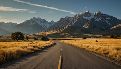 A winding road cuts through golden fields, leading to majestic snow-capped mountains under a clear blue sky.