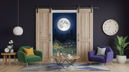 interior design mockup Interior of room with wooden door 3d rendering Moonlit Night Dark purple charcoal silver navy blue Childrens Book Illustration