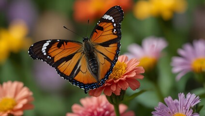Fototapeta premium A vibrant monarch butterfly rests on a pink flower amidst a colorful garden with blooming flowers in the background.