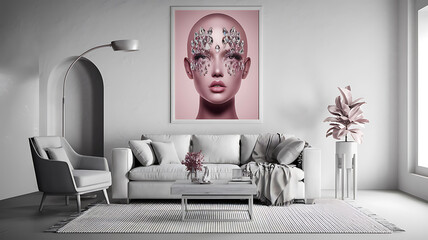interior design mockup Futuristic portrait of a beautiful woman with crystals on her face in shades of pink Minimal Chic White light gray black blush pink Isometric Art