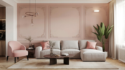 interior design mockup Interior design of modern apartment living room with grey sofa 3d rendering Neutral Blush Pale pink warm beige taupe cream Baroque