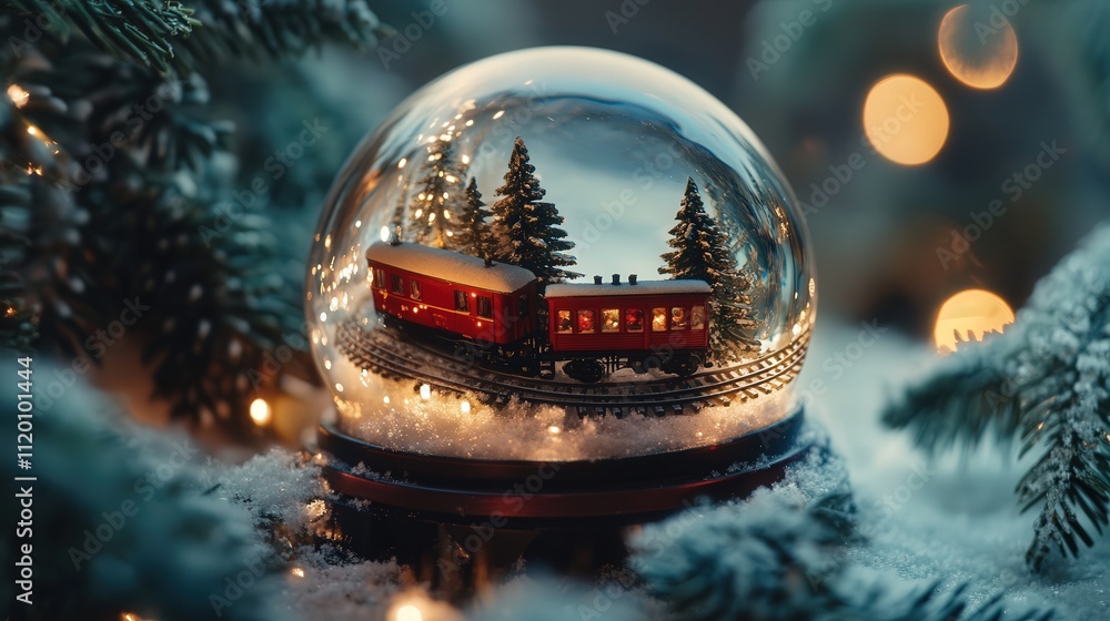 Poster a unique snow globe with a miniature train circling a snowy track, surrounded by pine trees and twin