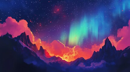 Naklejka premium Vibrant aurora borealis illuminating a majestic mountain range at sunset.