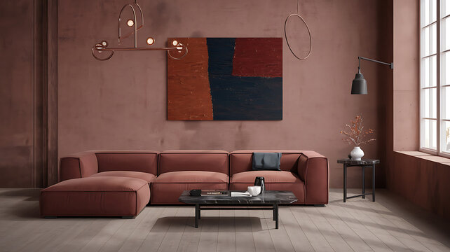 interior design mockup Minimalist loft interior design of modern living room with earthy tones featuring a terra cotta sectional sofa black coffee table and a textured wall art piece Oil Painting Och