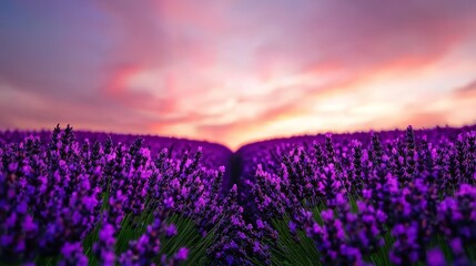 Fototapeta premium Farmland fields landscape sunset, Vibrant lavender fields under a colorful sunset sky creating a serene landscape.