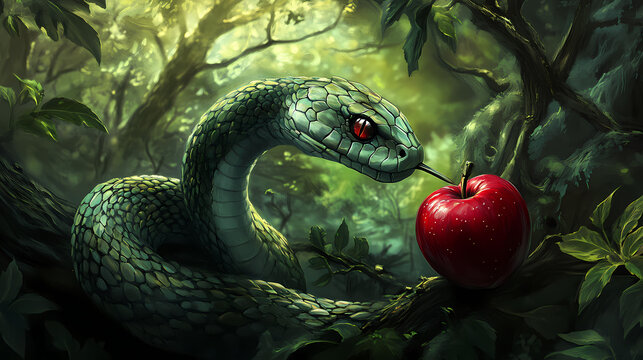Symbolic imagery of snake and apple. Edenic. Illustration