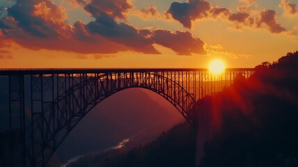 A steel arch bridge silhouetted against a fiery sunset with a river winding through the valley below.