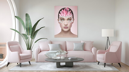interior design mockup Futuristic portrait of a beautiful woman with crystals on her face in shades of pink Minimal Chic White light gray black blush pink Isometric Art