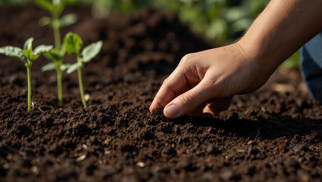 A close-up of a hand gently planting seeds in rich soil, with small green seedlings emerging nearby under sunlight. - Powered by Adobe