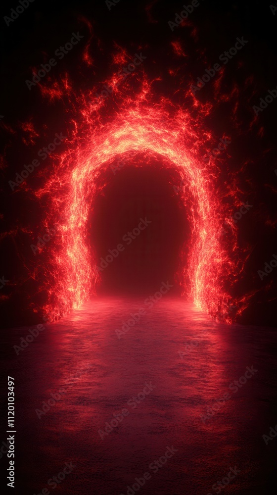 Poster a glowing red archway appears amidst darkness, creating a mysterious and enchanting atmosphere, lead