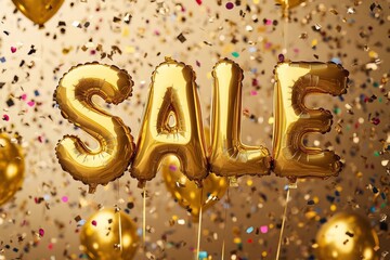 "SALE" on a shimmering golden background with colorful confetti