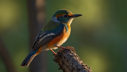 Fototapeta premium A brightly colored bird perched on a branch, showcasing vibrant green, orange, and blue feathers against a soft background.